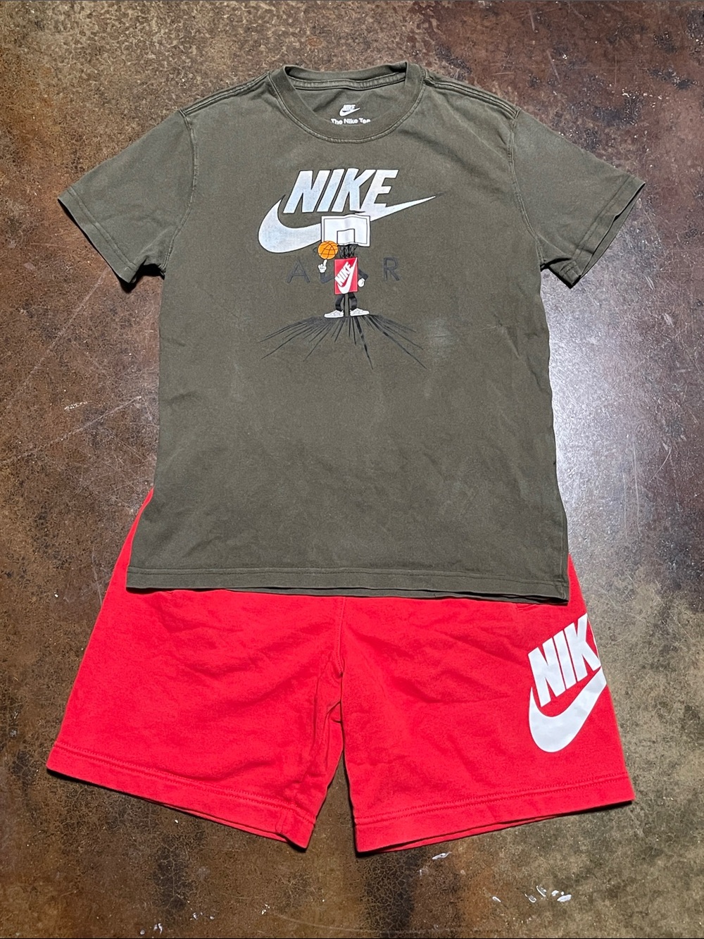 Nike Olive Green Graphic Tee with Red Nike Logo Shorts